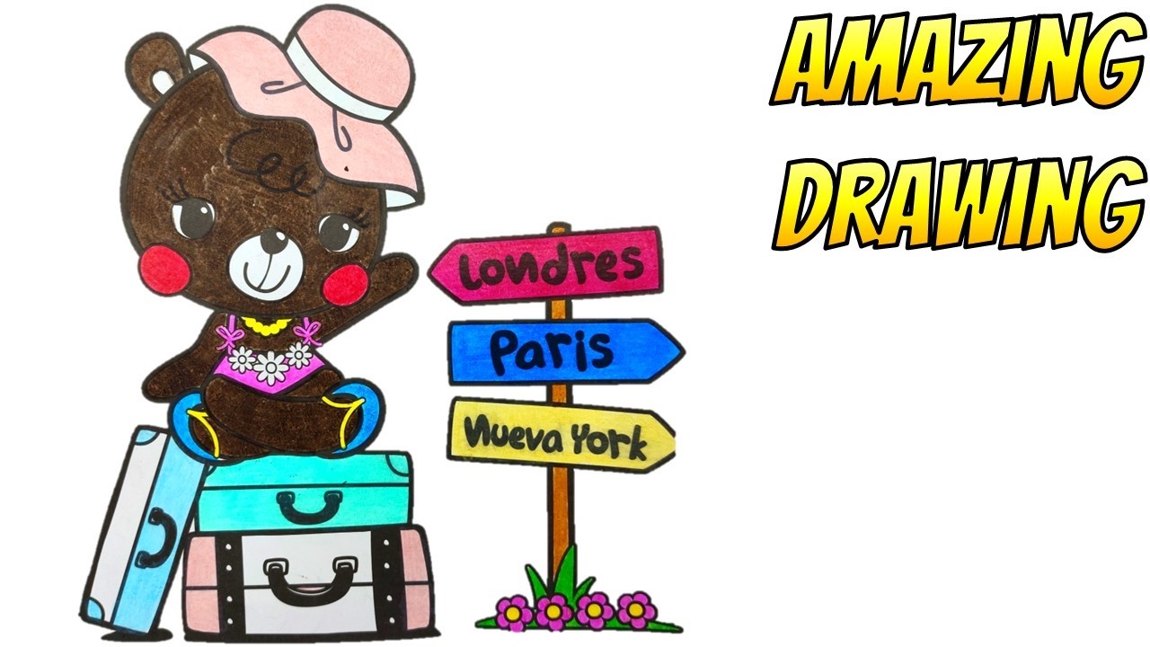 Brown Bear with Pink Hat on Travel Suitcases #amazingdrawing