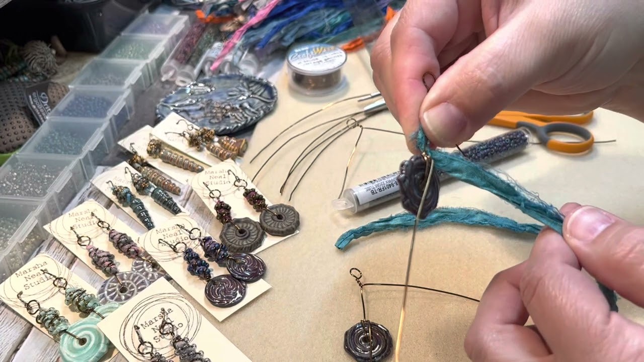 Marsha Neal Studio Wire Wrapped Sari Ribbon Ceramic Disc Earrings