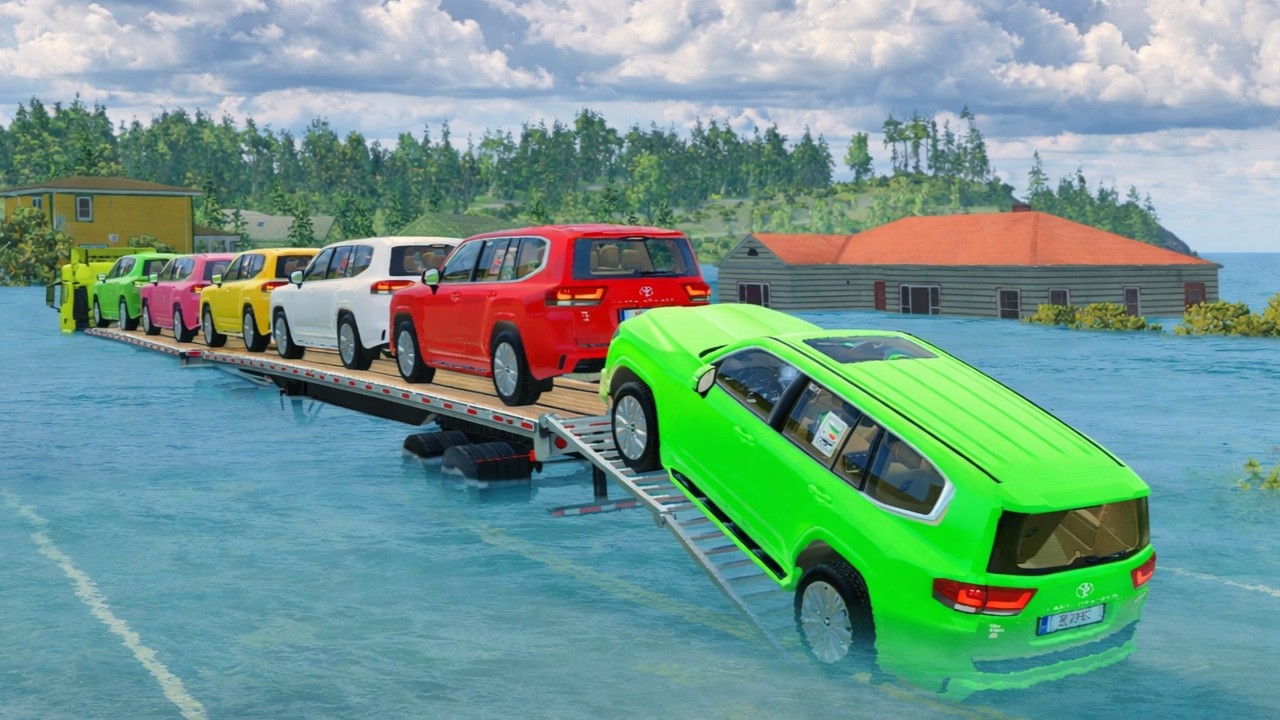 Triple Flatbed Trailer McQueen Transportation with Truck - Speedbumps vs Cars vs Train - BeamNG #27