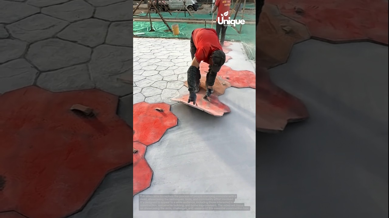 Stamping concrete: people stamping concrete with a mold