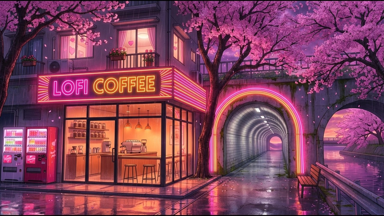 Quiet Valentine Rain 🌧️ Deep Focus Lofi Study 📚 Neon Sakura Riverside Tunnel Coffee ☕