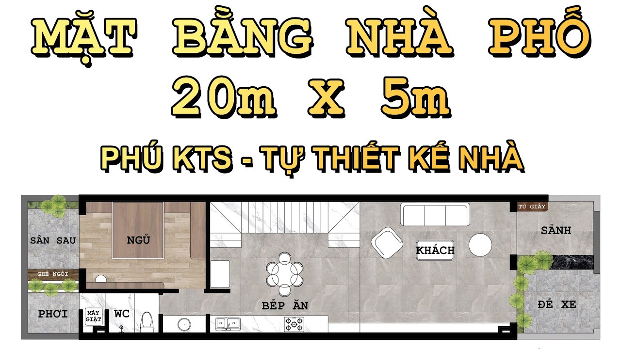 Thiết kế mặt bằng nhà phố dài 20m ngang 5m xây 2 tầng, chờ lên tầng 3