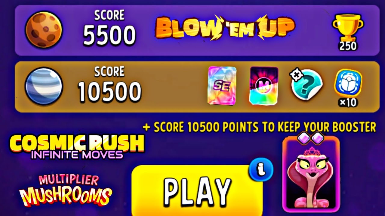 solo challenge multiplier mushroom cosmic rush blow em up 45 second 10500 score solo challenge .