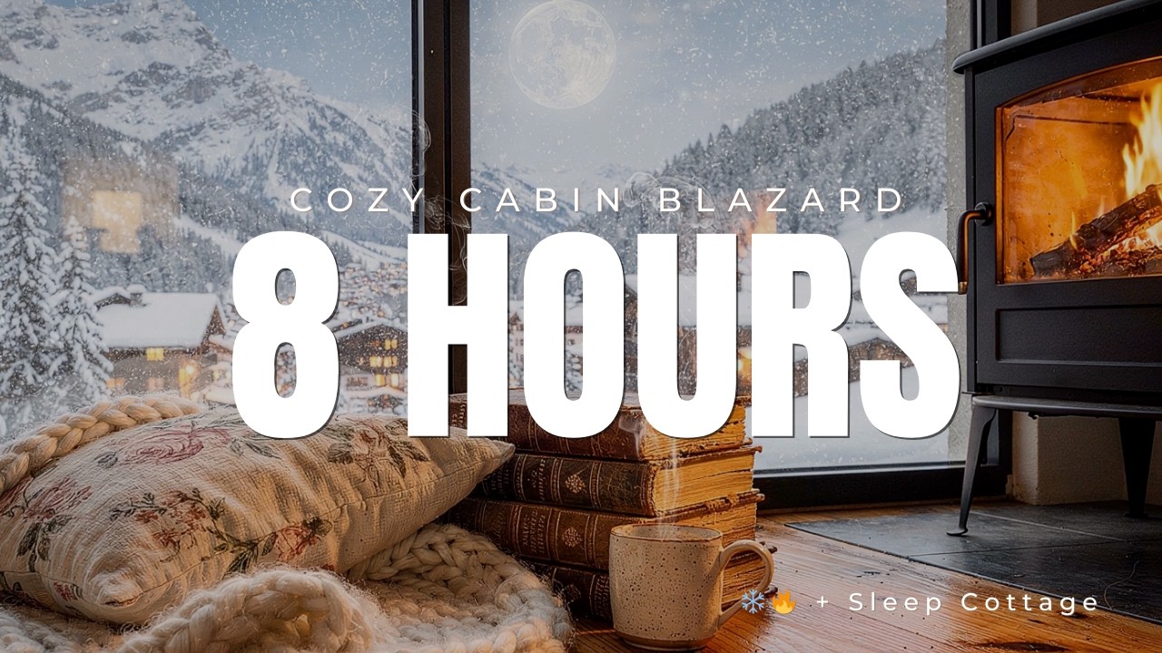 8 Hours Warm Fireplace in Blizzard Cabin ❄️ Crackling Fire & Snowstorm Sounds