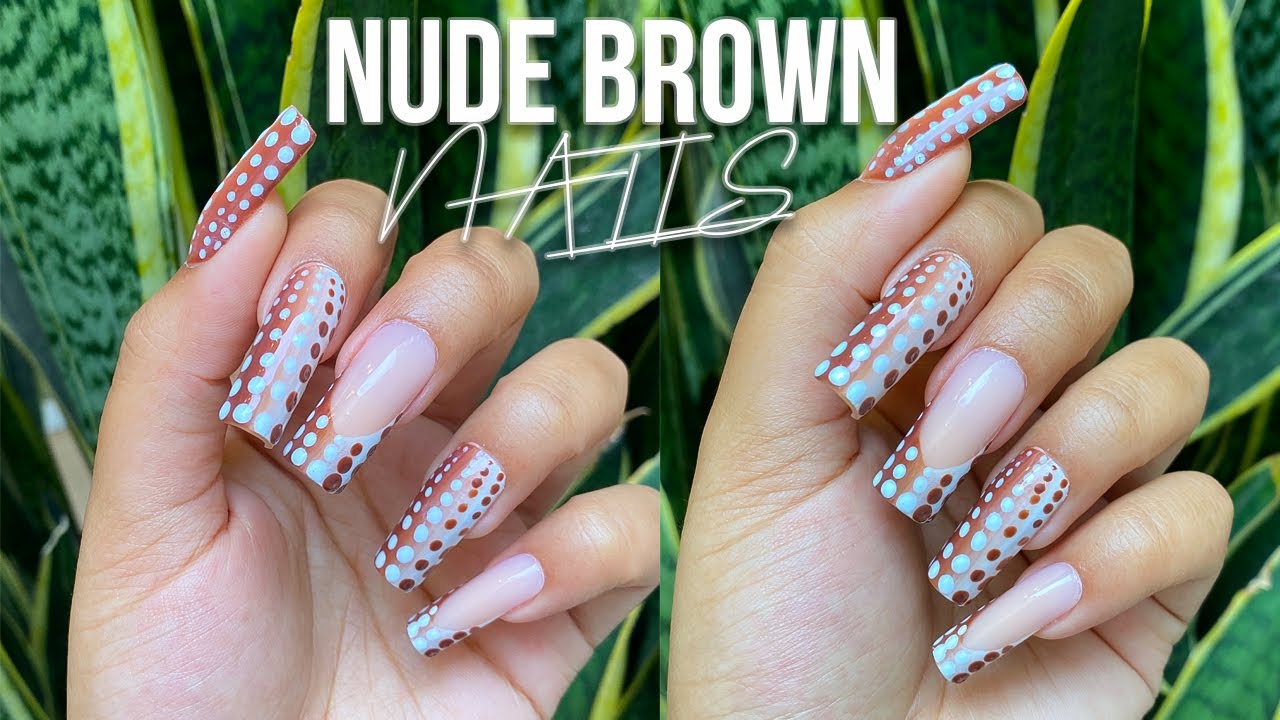 NUDE BROWN KUSAMA INSPIRED NAILS | APRES GEL X NAIL EXTENSIONS XXLONG SQUARE
