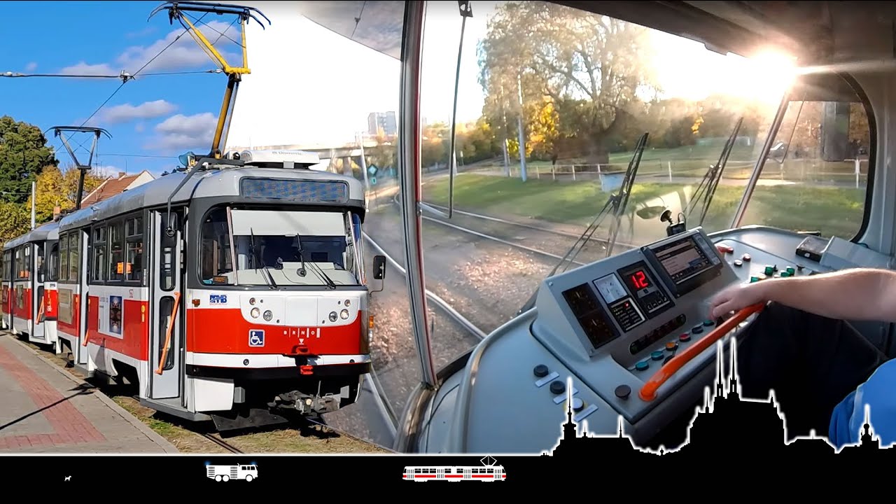 Kříženec T3 a Varia na slunečné trase do Modřic 🚋 Cab view tram Brno