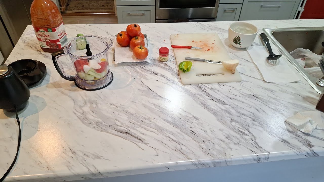 Homemade gazpacho,  garden fresh chilled Spanish soup.