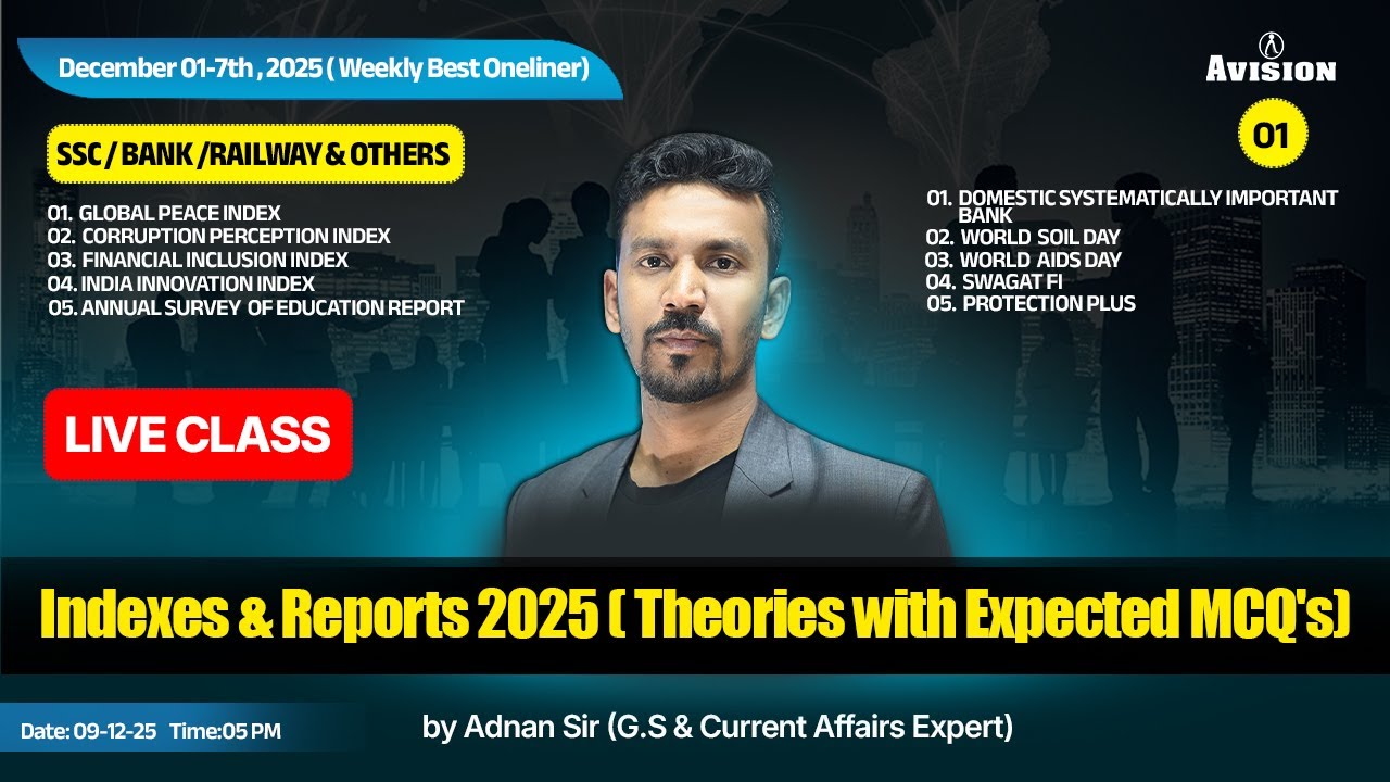 Important Index & Reports 2025 | CA 2025 | Railway Ssc Bank 2025-26 | By Adnan sir | Prayas series