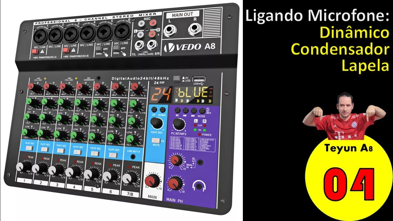 Mesa de Som Teyun A8 04: Como ligar microfone, Dinâmico, Condensador, Lapela com fio e sem fio