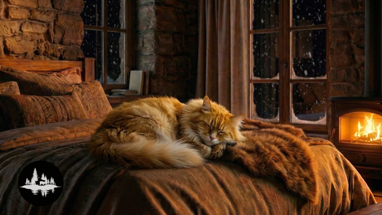 Cozy Winter Cabin Ambience with Crackling Fireplace & Sleeping Cat | Relaxing Fire Sounds for Sleep