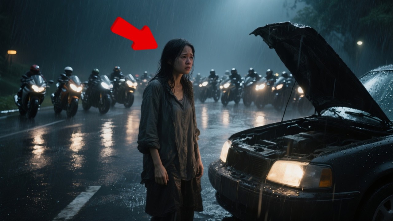 Single Mom’s Car Died in the Pouring Rain — Then Dozens of Bikers Formed a Circle of Lights