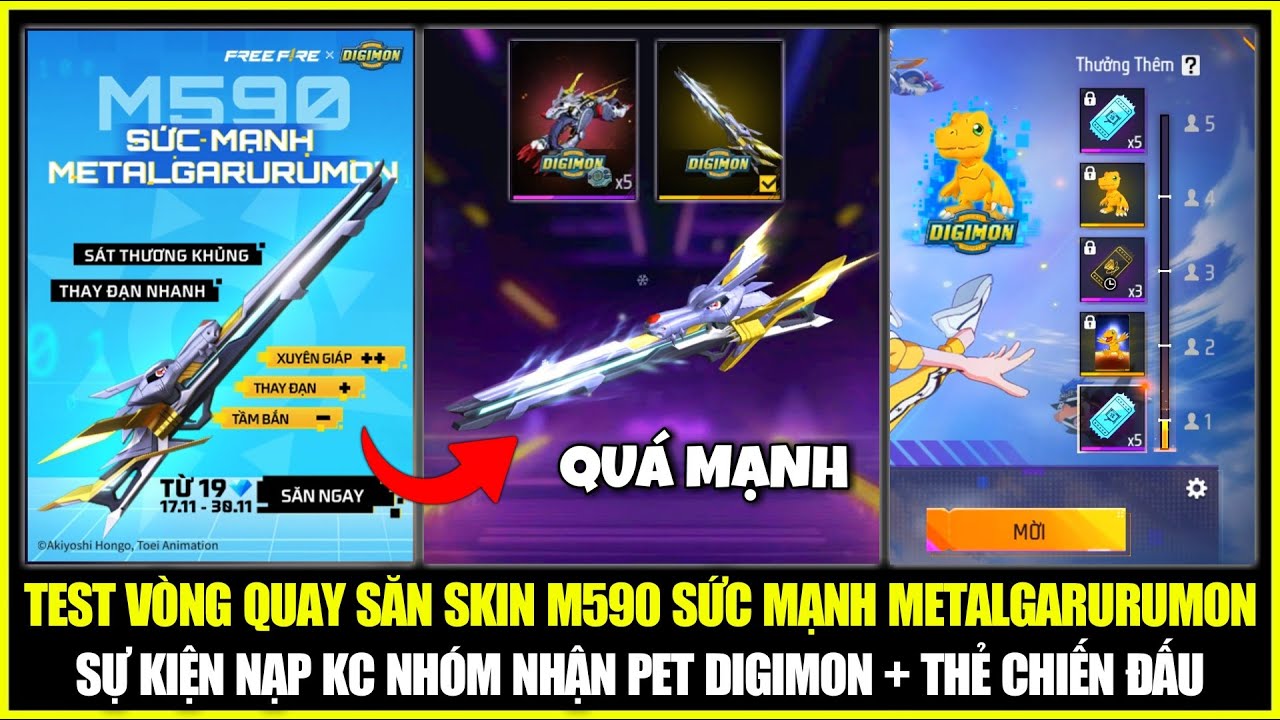 Test Vòng Quay Săn Skin M590 Sức Mạnh METALGARURUMON, Nạp Kim Cương Nhóm Nhận Quà Xịn | Free Fire