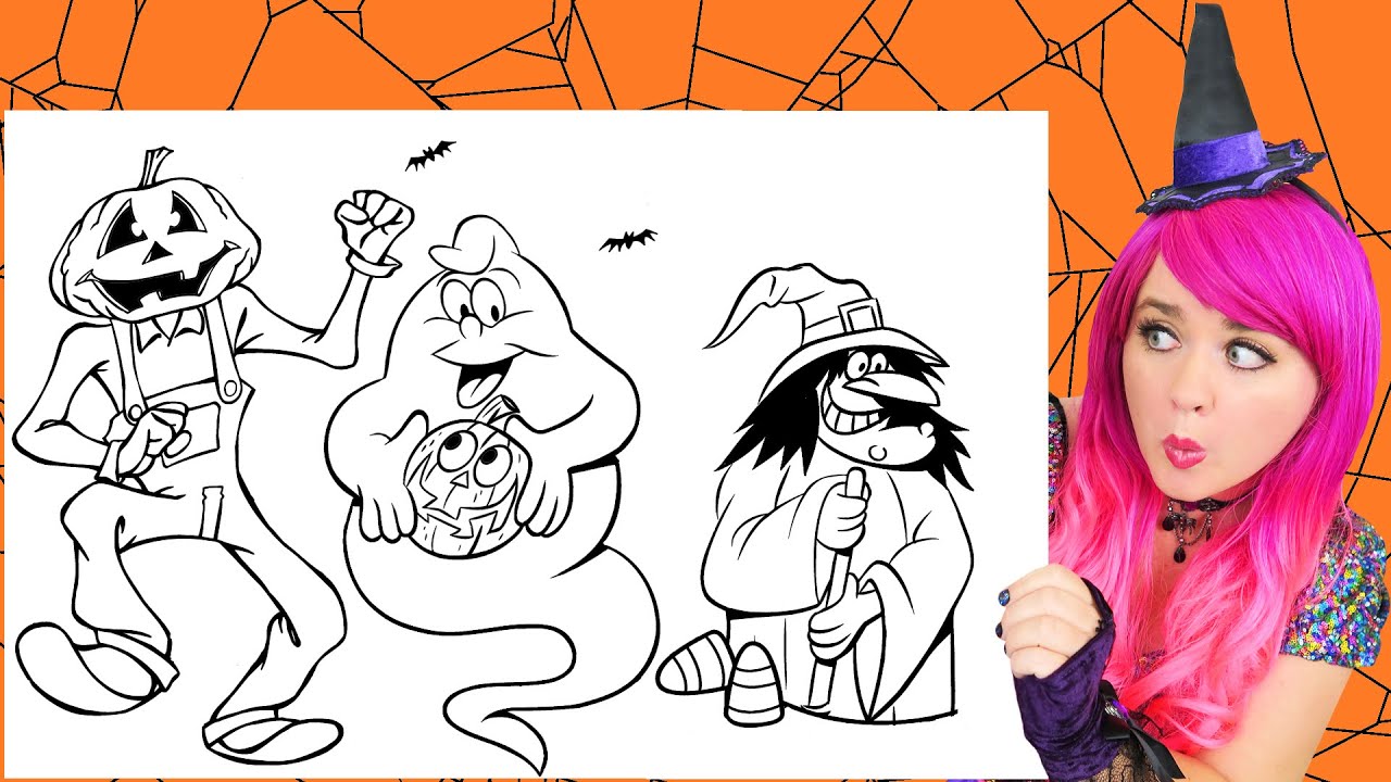 Coloring a Halloween Ghost, Witch, & Pumpkin Scarecrow