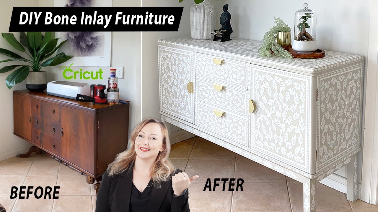 DIY Bone Inlay Furniture Flip - Using a Cricut to make your own furniture stencils!