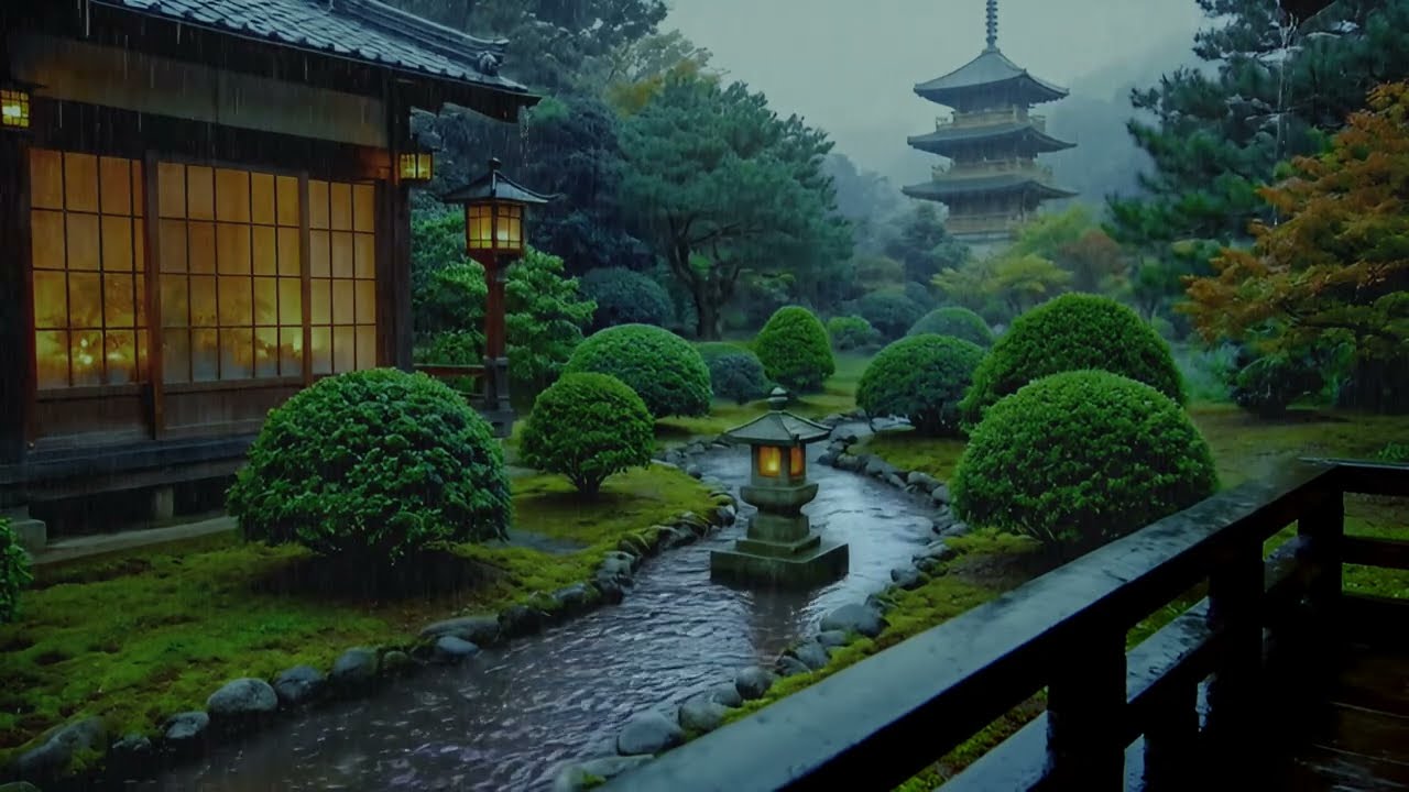 Escape the Stress of Daily Life with a Peaceful View of a Cabin Garden in Heavy Rain
