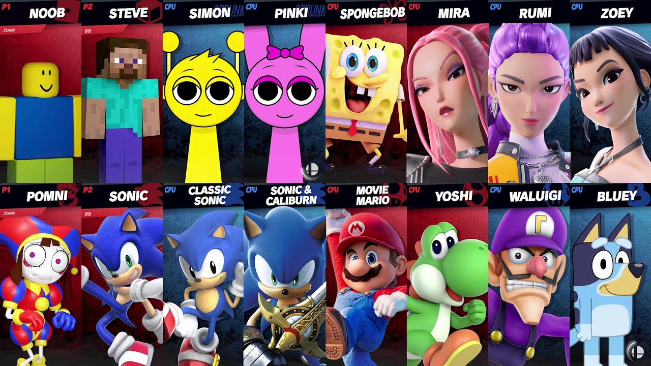 Sonic vs Mario vs Bluey vs SpongeBob vs Roblox vs Minecraft vs Fortnite | Super Smash Bros Ultimate