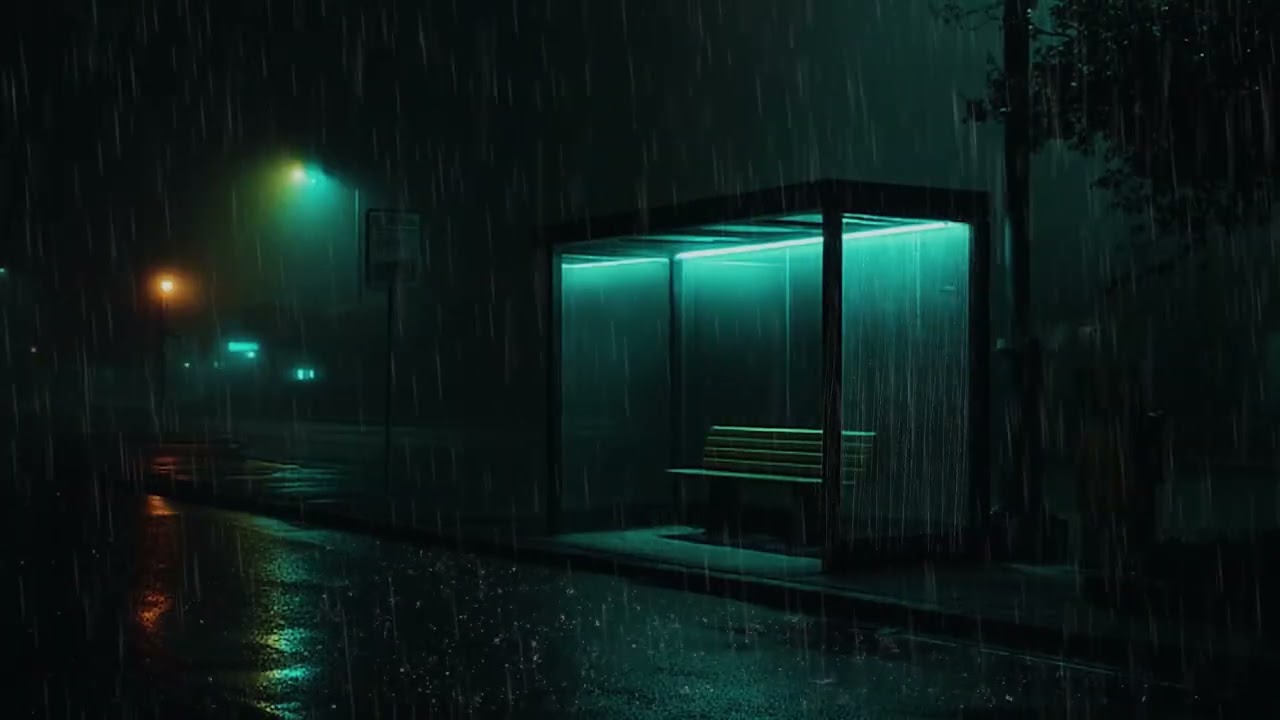 Midnight Rain at a Silent Bus Station 🌧️ Relaxing Night Sounds for Restful Sleep
