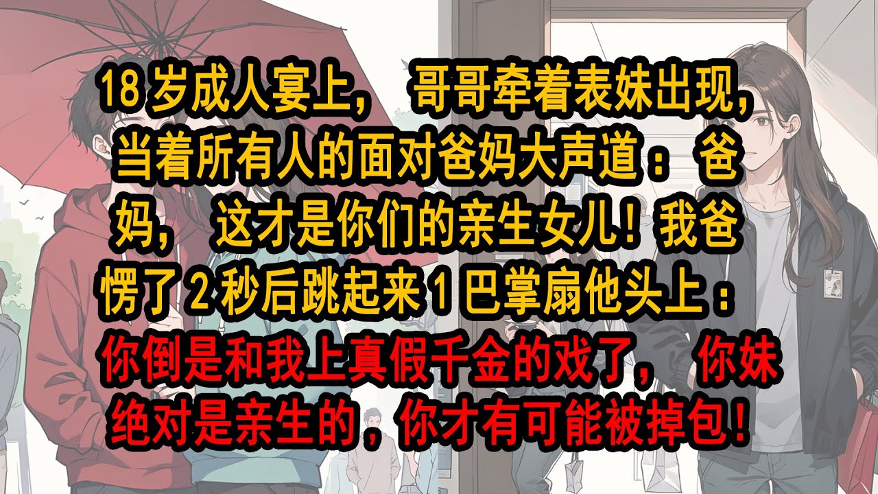 18歲成人宴上，哥哥牽著表妹出現，當著所有人的面對爸媽大聲道：爸媽，這才是你們的親生女兒！我爸愣了2秒後跳起來1巴掌扇他頭上：你倒是和我演上真假千金的戲了，你妹絕對是親生的。你才有可能被掉包！