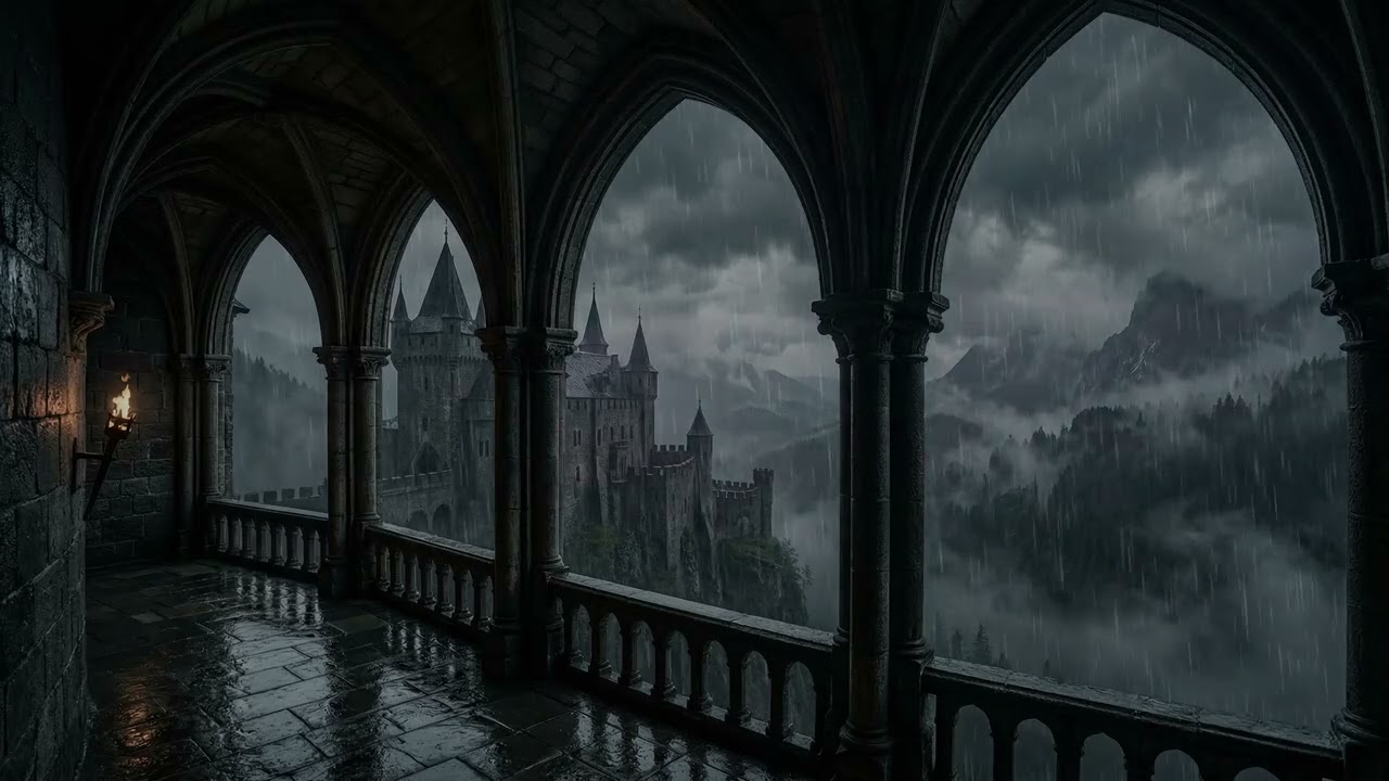 Dark Rain 🌧️ Surrounding An Ancient Gothic Castle While Stone Towers 🏰 Rise Through Mist