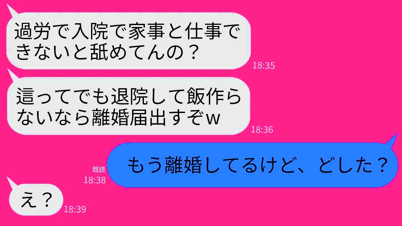 【LINE】過労で緊急入院した嫁を甘え呼ばわりして離婚で脅してくる月収6万の夫「這ってでも退院して飯作れ！」→調子に乗りまくる夫にある事実を伝えた時の反