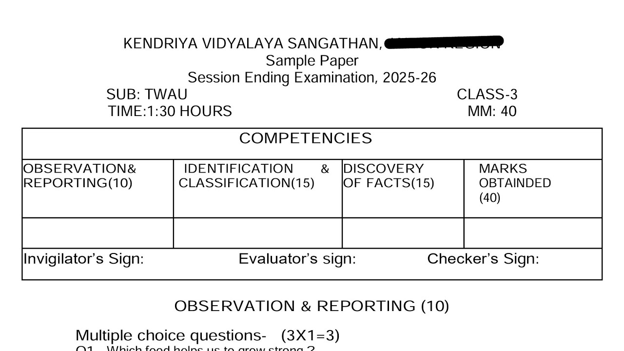 Class-3 TWAU / Annual Exam 2026 Question Paper Session Ending  PM SHRI KENDRIYA VIDYALAYA Term2
