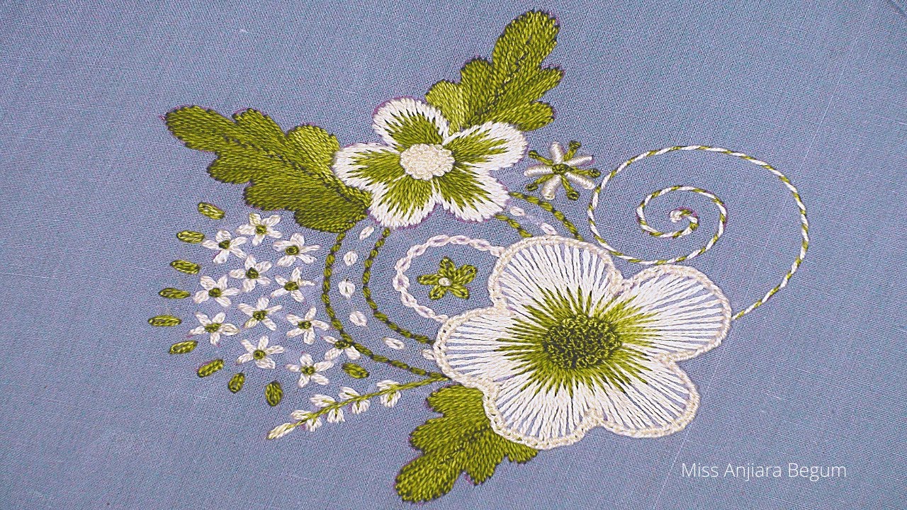 2 color embroidery Flower, Flower Embroidery with white & green thread, Cute Hand Embroidery-372