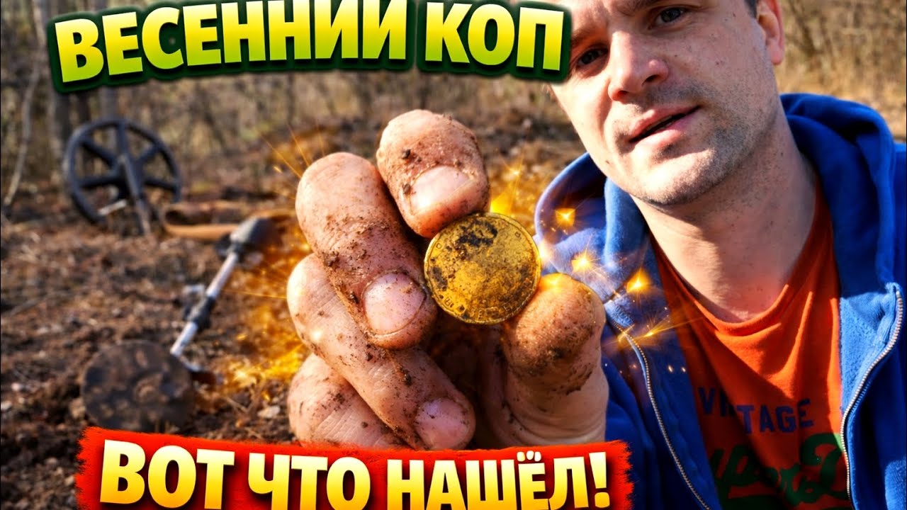 Поиск монет на бюджетный металоискатель в доль реки на древней тропе.