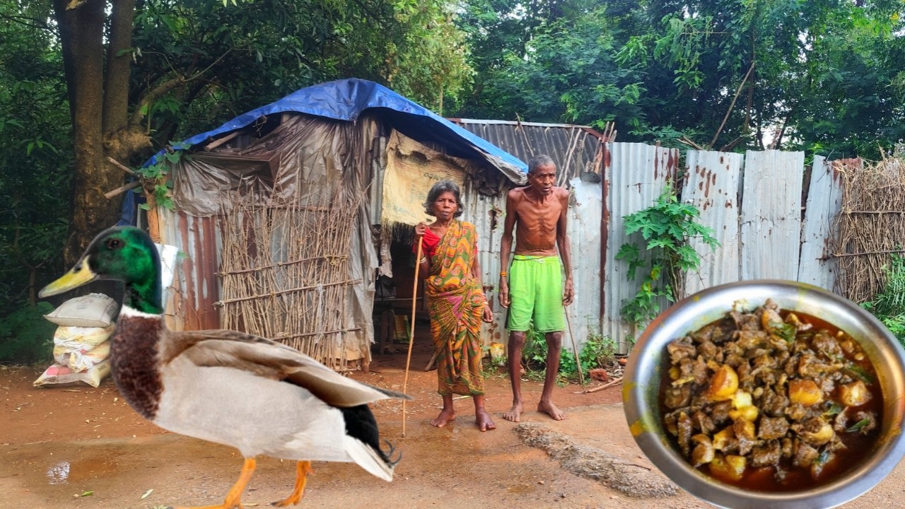 tribe old grandma & grandpa lifestyle | cooking DUCK meat with RAW BANANA and eating | old age life