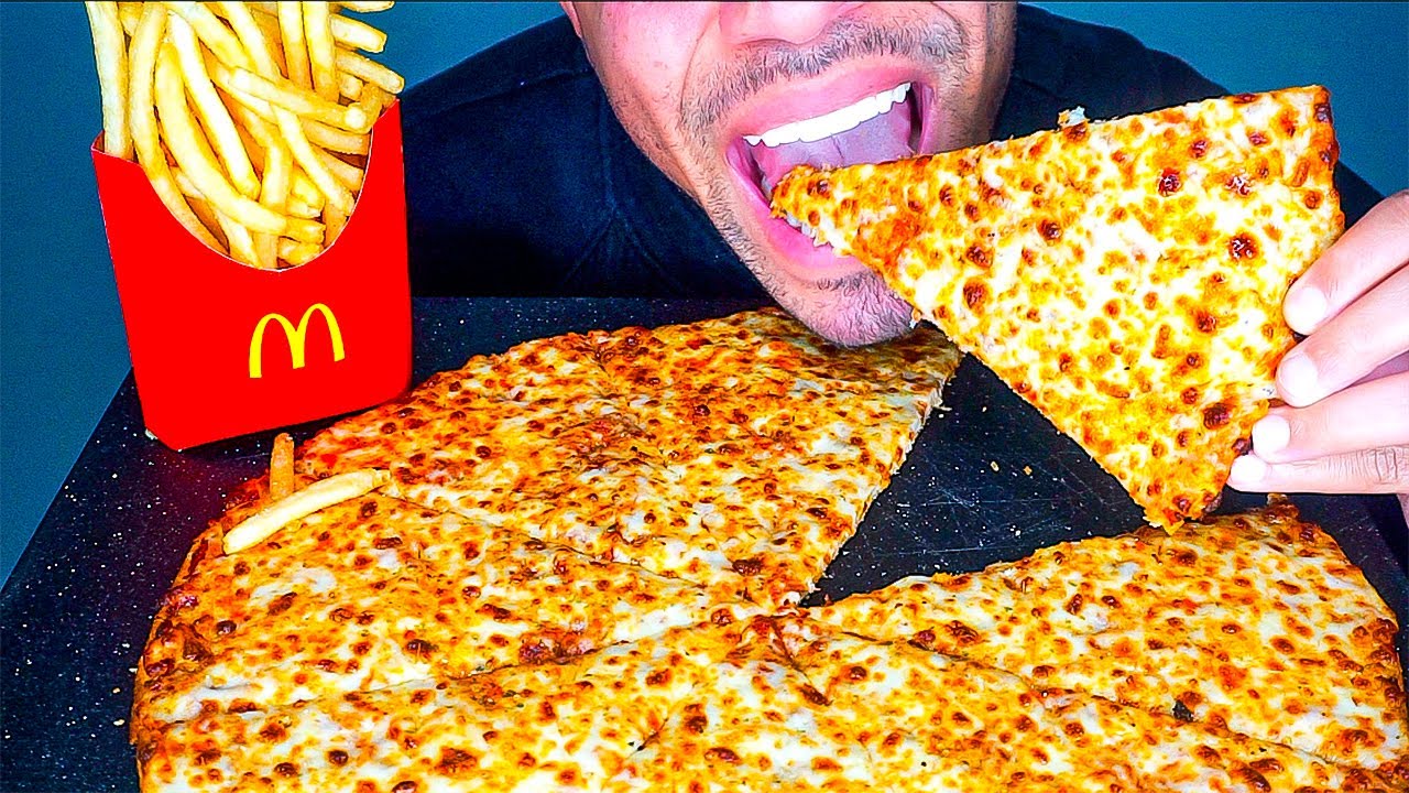 ASMR DOMINO’S THIN CRUST EXTRA CHEESE PIZZA MCDONALD’S FRENCH FRIES EATING MOUTH SOUNDS NO TALKING