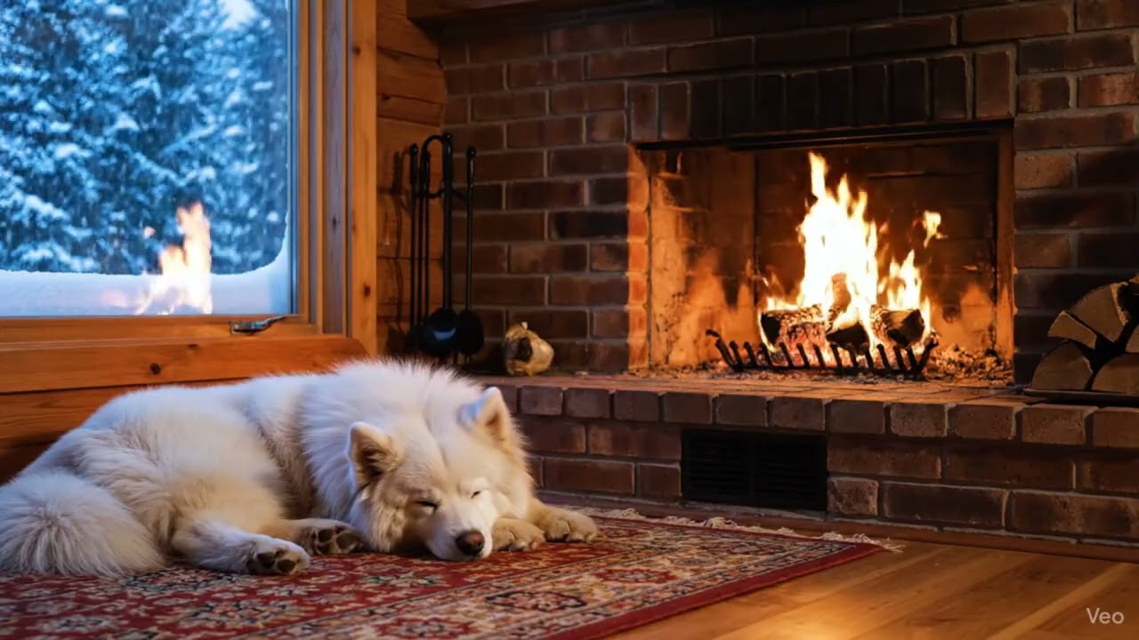 A Cozy Winter Snowy Night ❄️ Fireplace, Sleeping Dog & Soft Lofi (2 Hours)