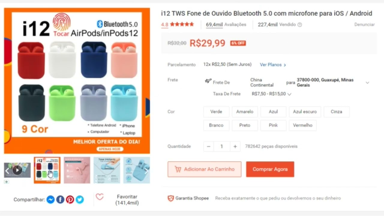 Fone de Ouvido Bluetooth 5.0 com microfone para iOS / Android 29,99