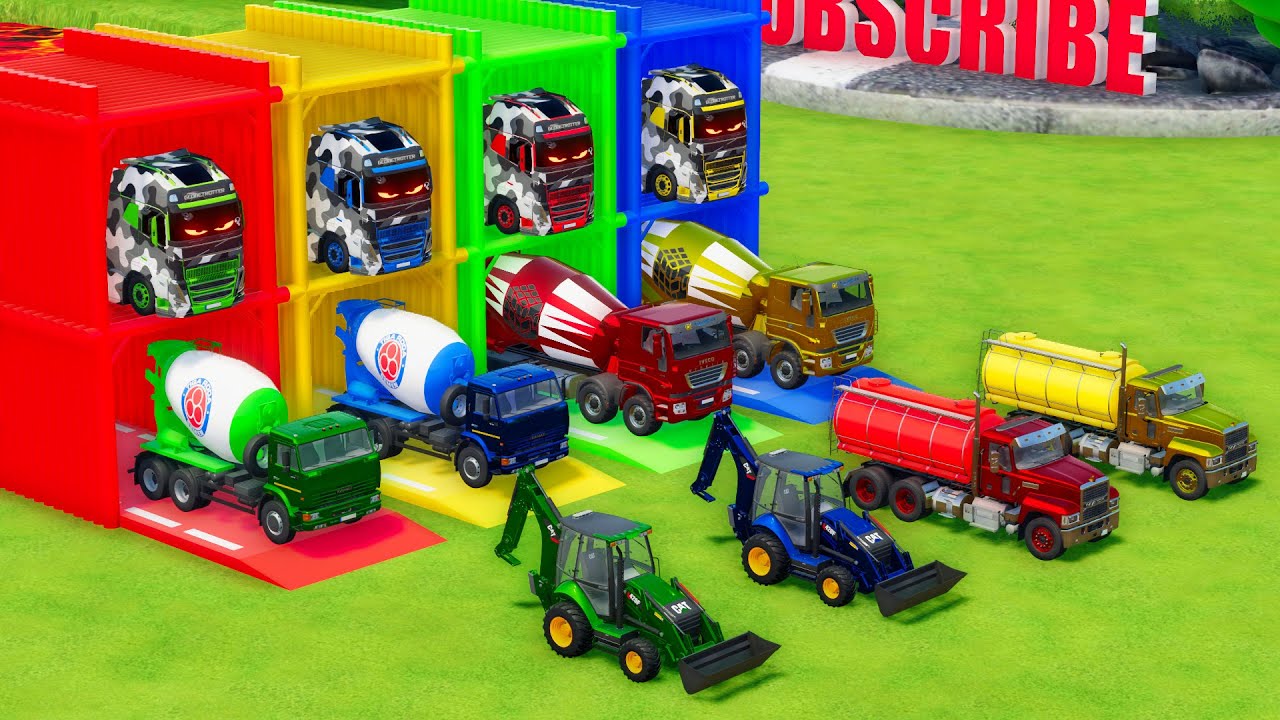 Garage with Colors - ALL MIXER TRUCK WITH DOUBLE FLATBED TRAILER TRUCK, KAMAZ, IVECO, CAT, MACK