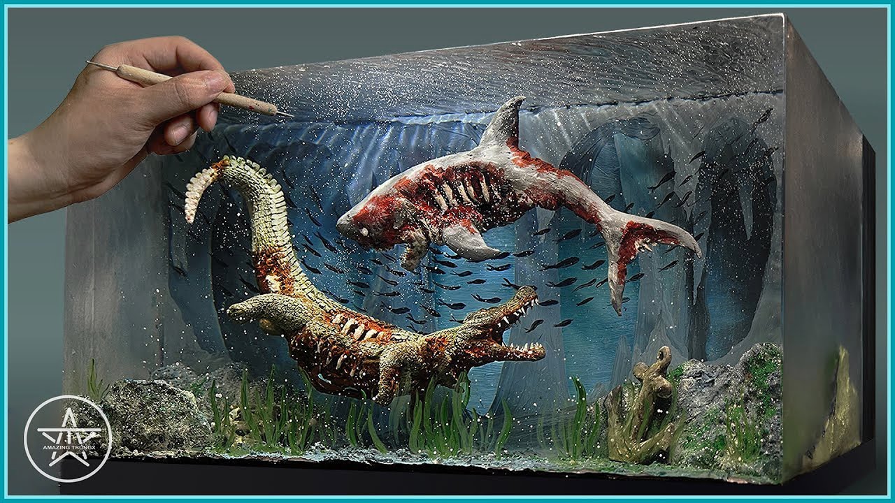 Epic Battle: Zombie Crocodile vs Zombie Shark #Diorama #ResinArt #PolymerClay