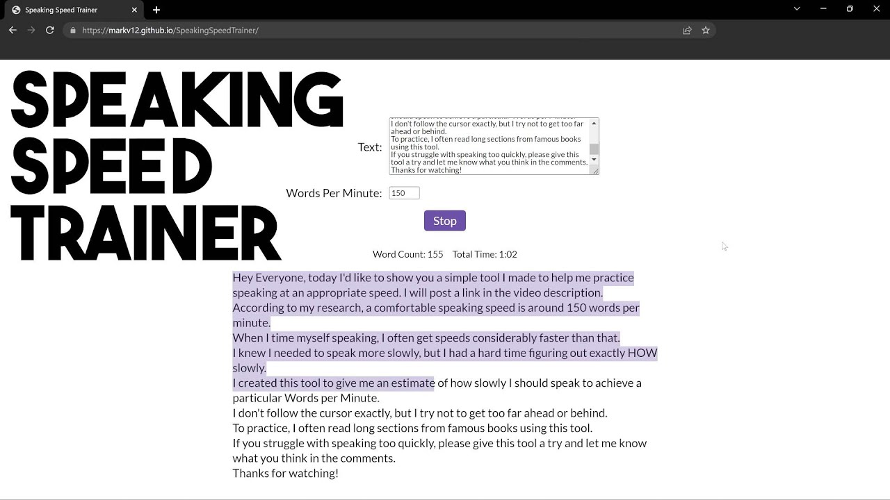 Speaking Speed Trainer, a tool to help you practice speaking at an appropriate speed.