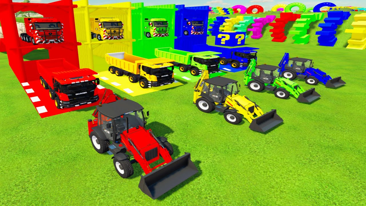 Colroful Trucks - ALL COLORED JCB BACKHOE EXCAVATOR, SCANIA CRANE TO GARAGE WITH TRUCK #fs22