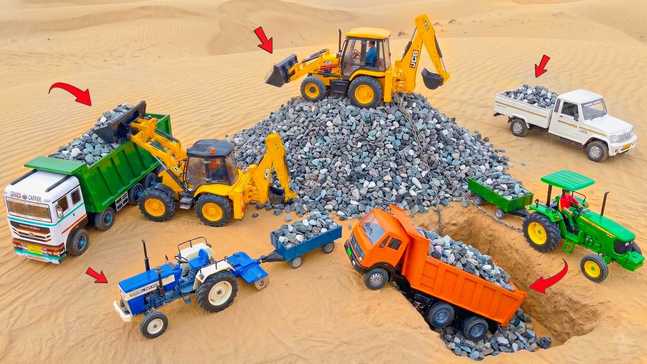 JCB 3DX Loading Black Stone & Sand 4 Tractor Truck Pickup | Truck Accident Pulling Out JCB 5CX