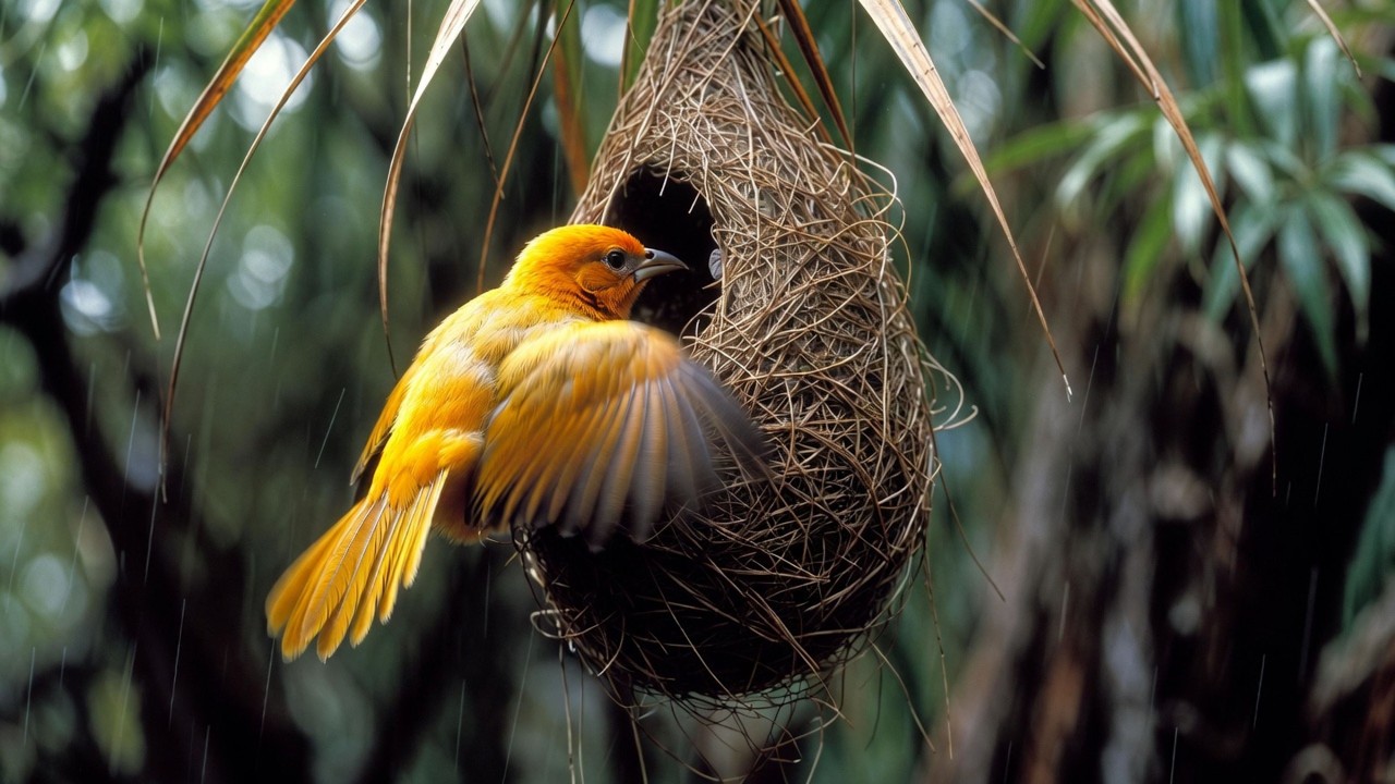 Soothing Relaxation ||  A golden-yellow weaver bird builds a nest in a natural
