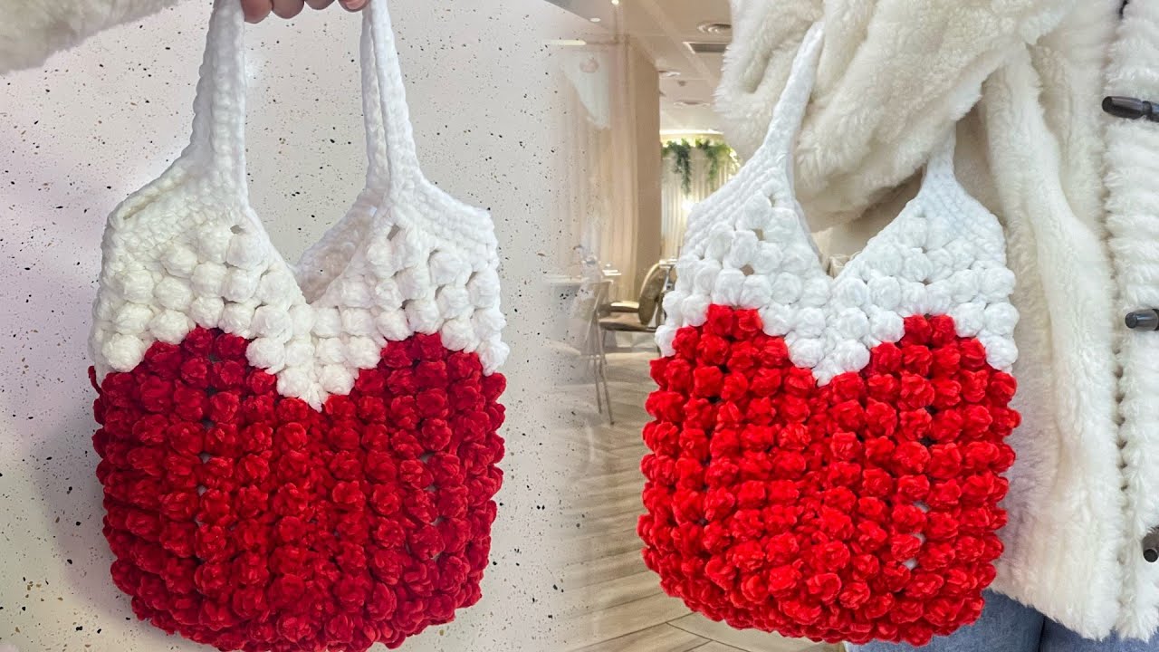 [Crochet Bag Tutorial] - How to make Red and white popcorn pin vegetable basket bag