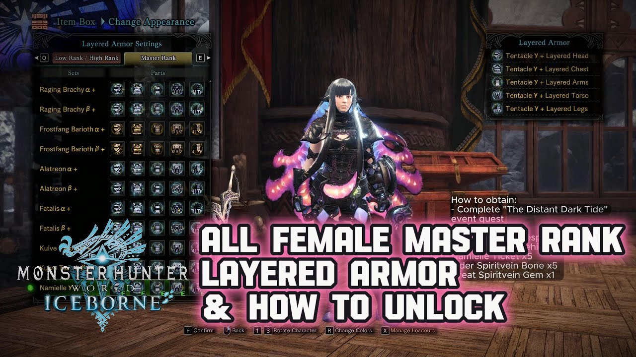 All Female Master Rank Layered Armor and How to Unlock/Obtain - MHW: Iceborne
