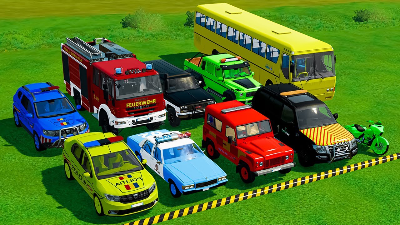 TRANSPORTING POLICE CARS, AMBULANCE, FIRE TRUCK, COLORFUL CARS! - FARMING SIMULATOR 22