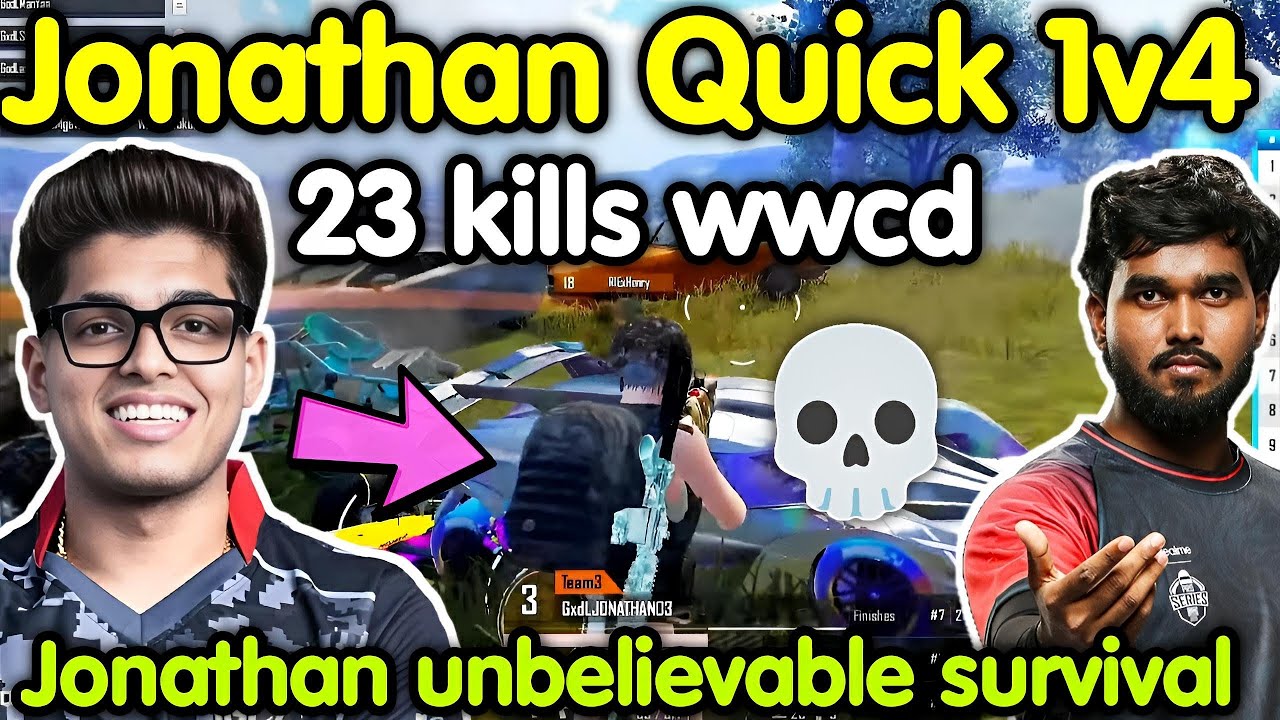 Jonathan quick 1v4 team Aryan ( Bmps winner) 🥵 Godlike 23 kills chicken dinner 🔥