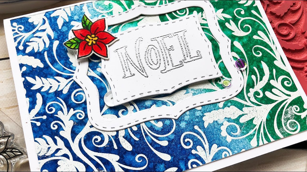 White Emboss Resist Technique Flourish Background Holiday Card