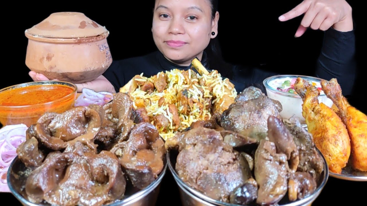 ASMR EATING HANDI MUTTON DUM BIRYANI WITH CHICKEN LIVER GIZZARD ADOBO & CHICKEN DRUMSTICK | MUKBANG