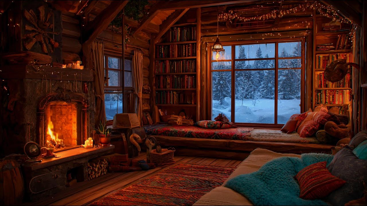 Winter Cabin Study Ambience ❄️ Fireplace & Soft Piano for Deep Focus (12Hours)