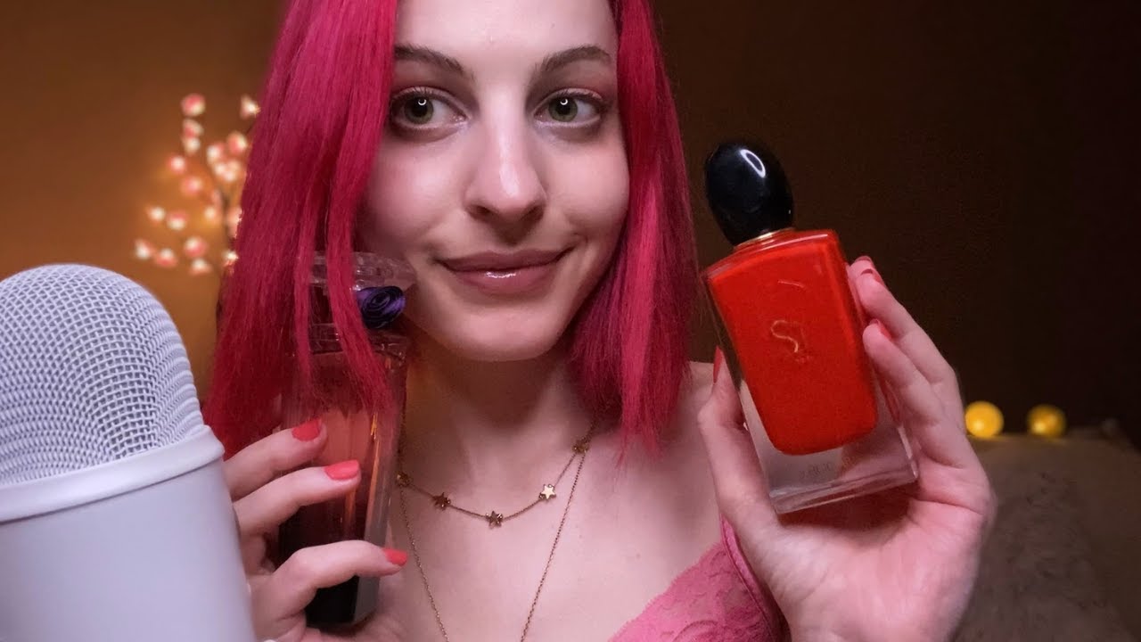 ASMR MY TOP 10 FAVORITE SPRING PERFUMES 🎀 🌸 (glass bottle tapping, clicky whispers, spraying...)