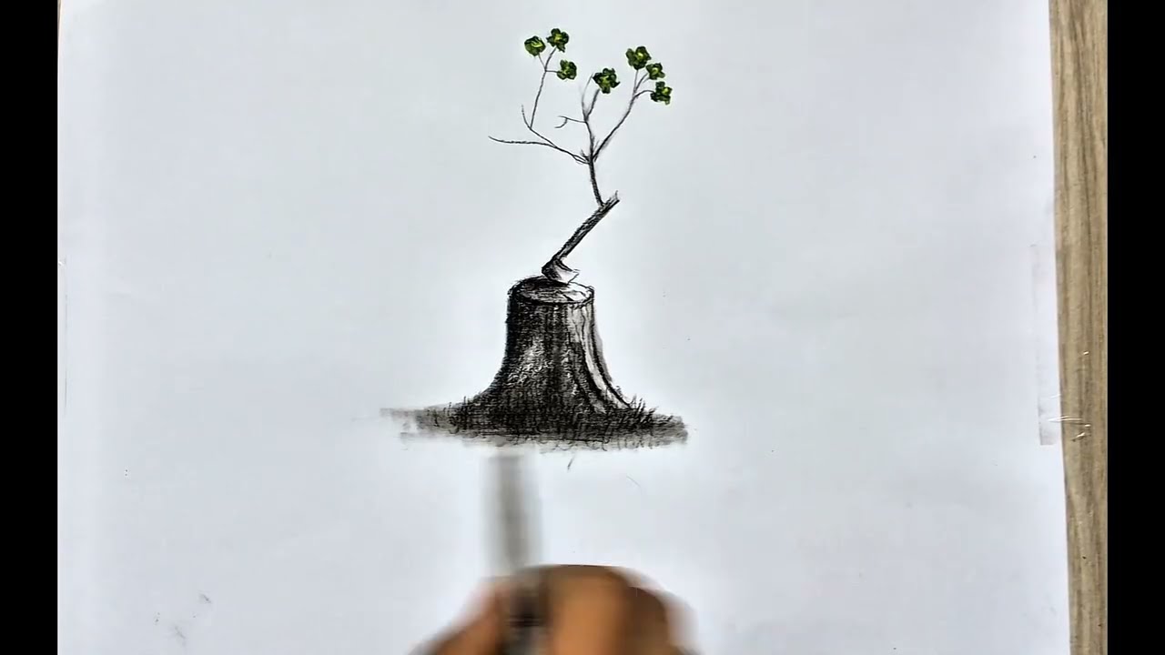 How to draw a tree with axe and flower .