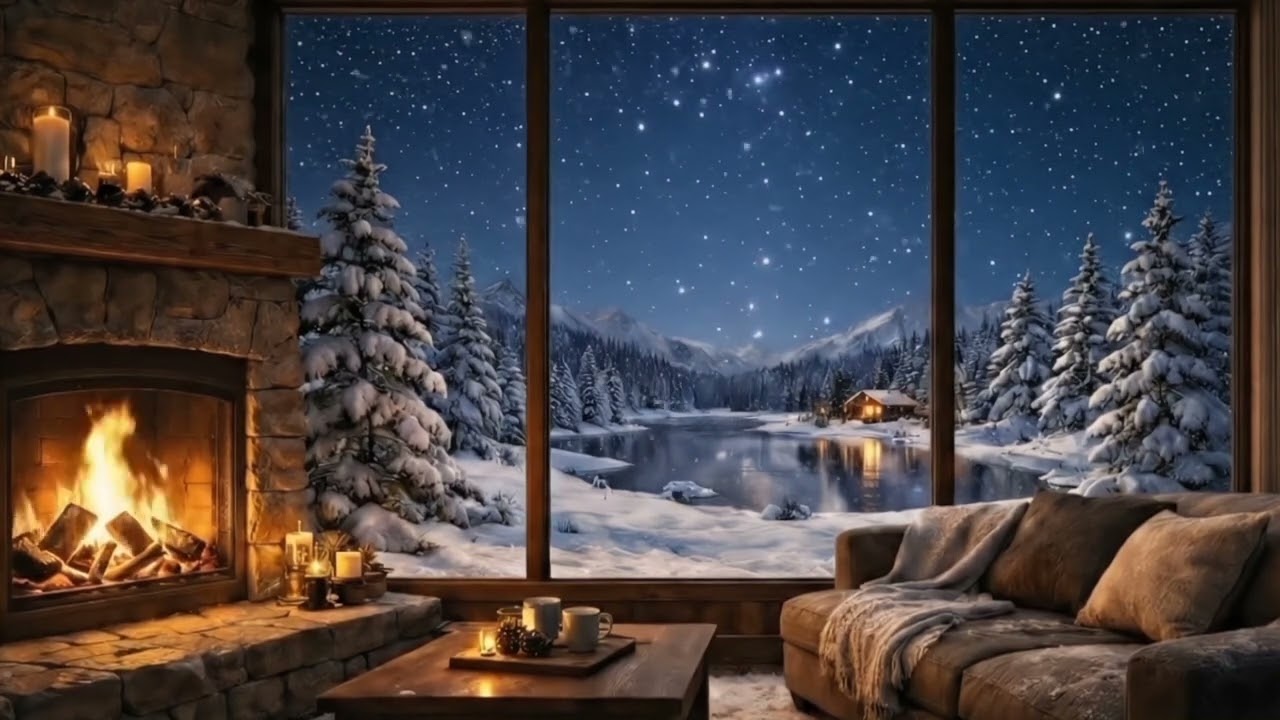 Cozy Winter Night Fireplace Snowfall & Starry Sky | Relaxing Cabin View for Sleep & Relaxation 12Hrs