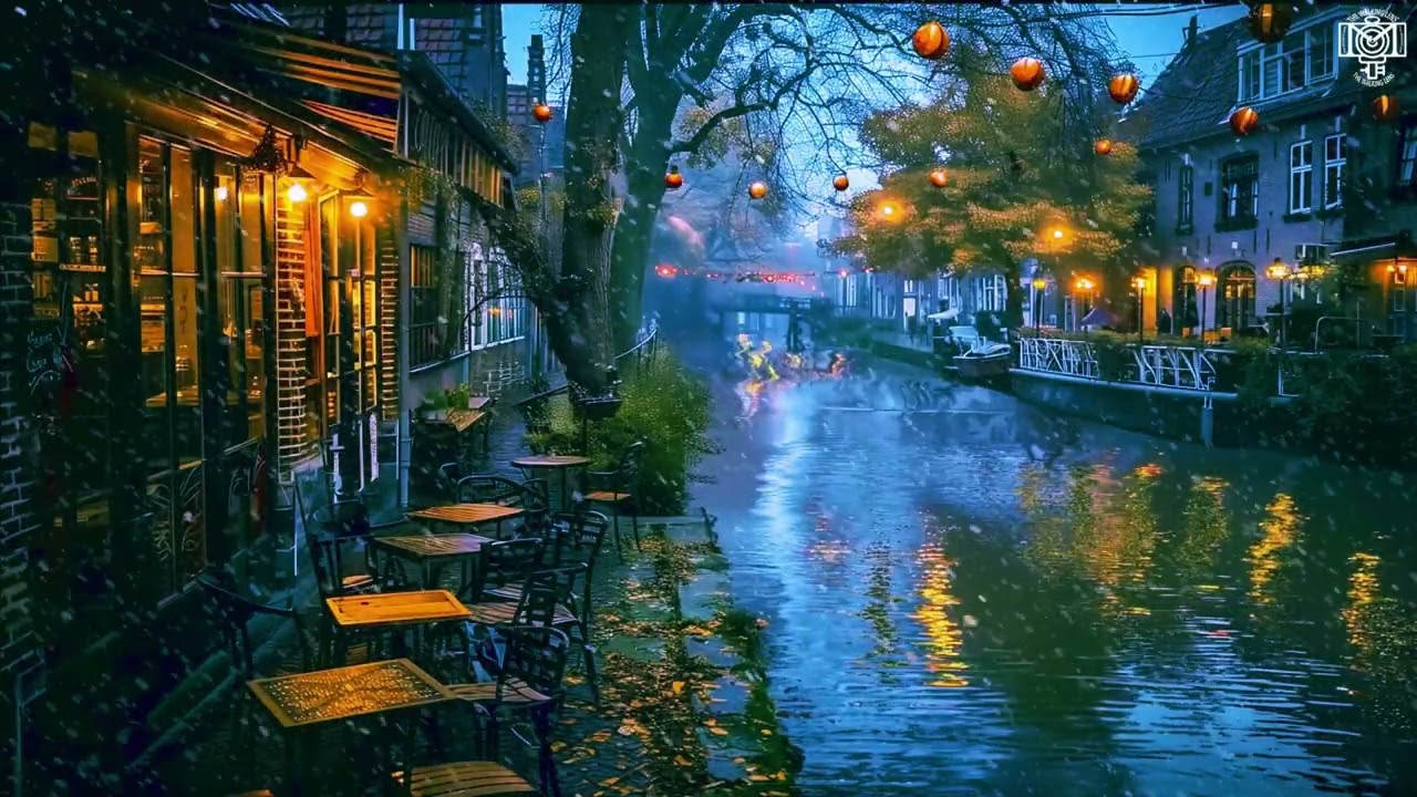 CHRISTMAS AMBIENCE BY A CHARMING CAFÉ STOREFRONT AND PEACEFUL RIVERFRONT.