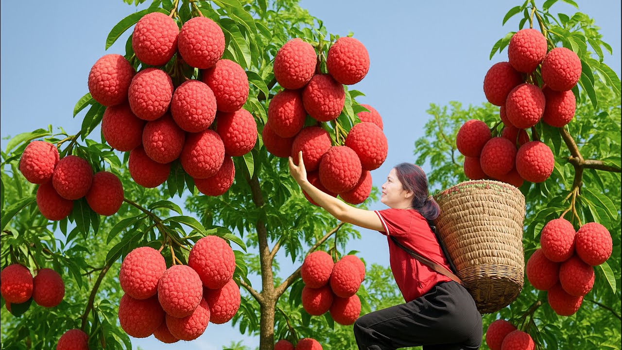 Brave Woman Climbs Tall Tree to Harvest Ripe Lychee for Market | Hidden Treasure on Tall Tree