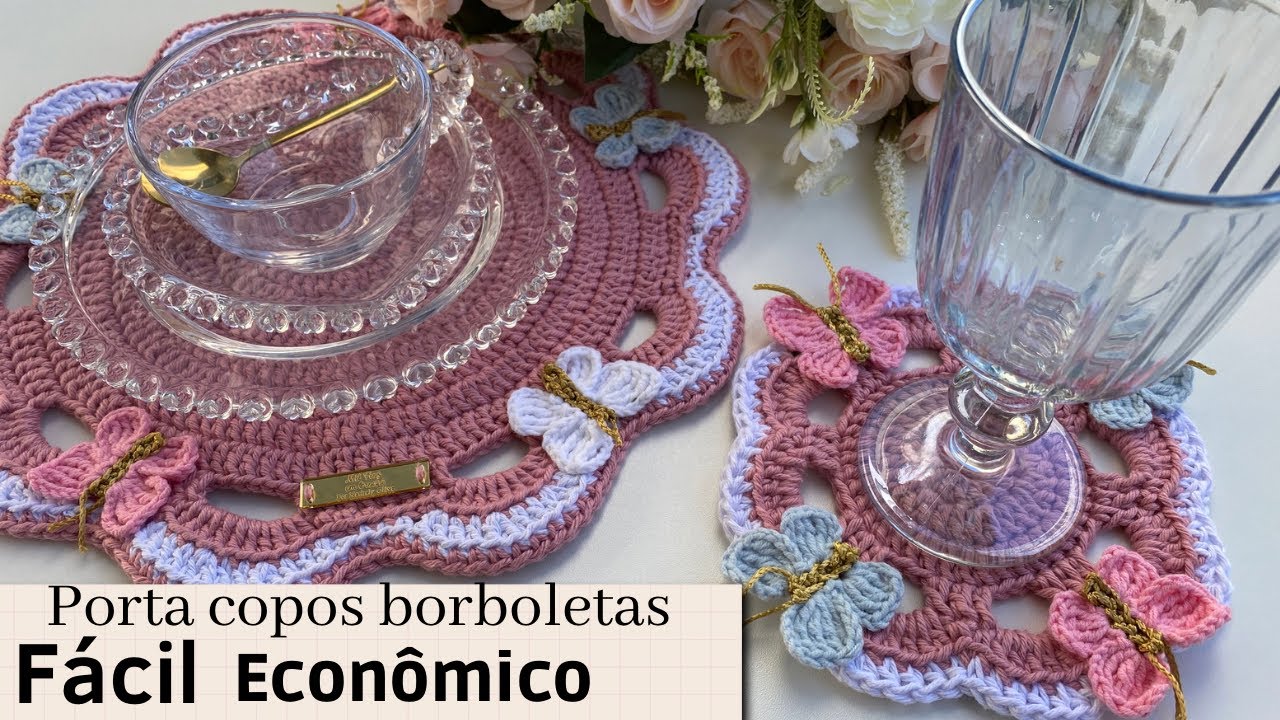 Porta copos borboletas fácil/descanso de copo borboletas em crochê econômico